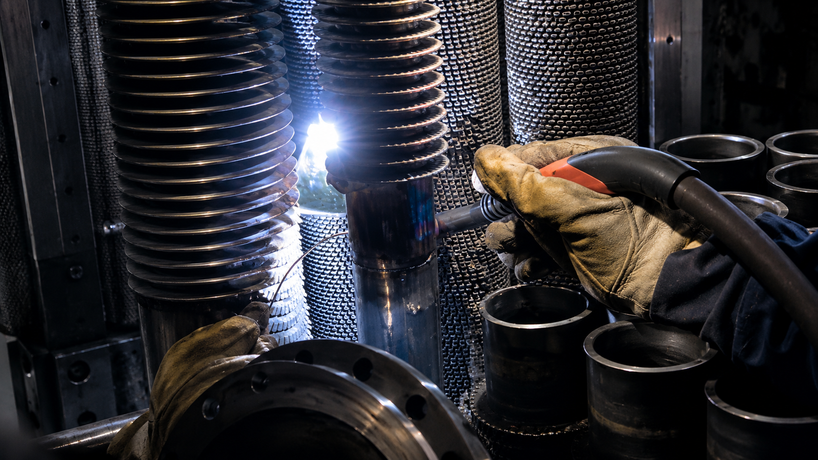 Welder fabricating finned tube components